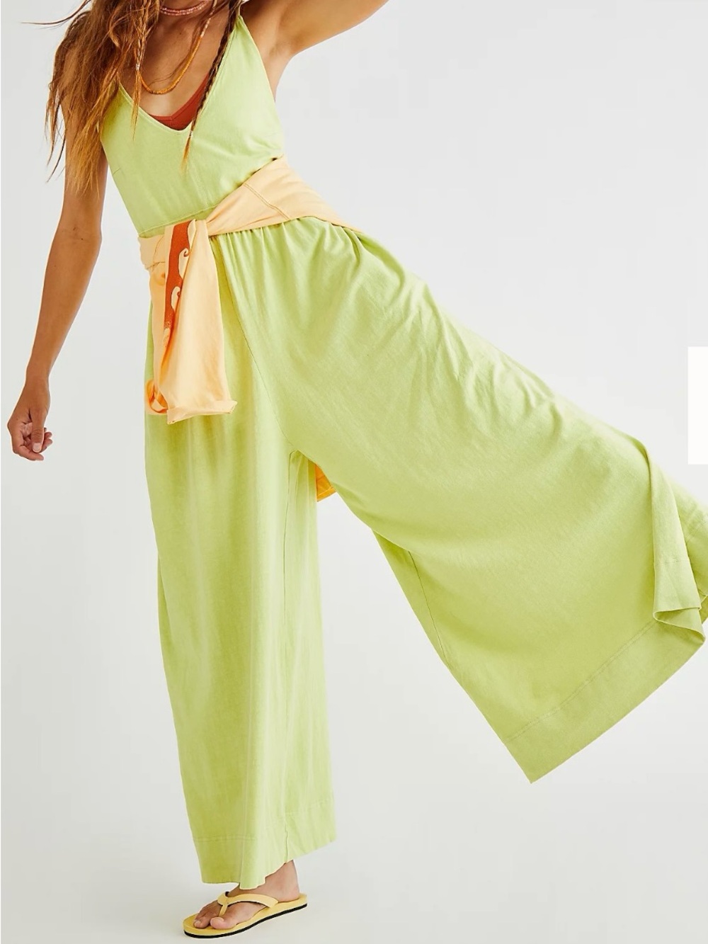 Free People Beach Luna Jumpsuit Wide Leg V-Neck Cotton Green Yellow Cotton